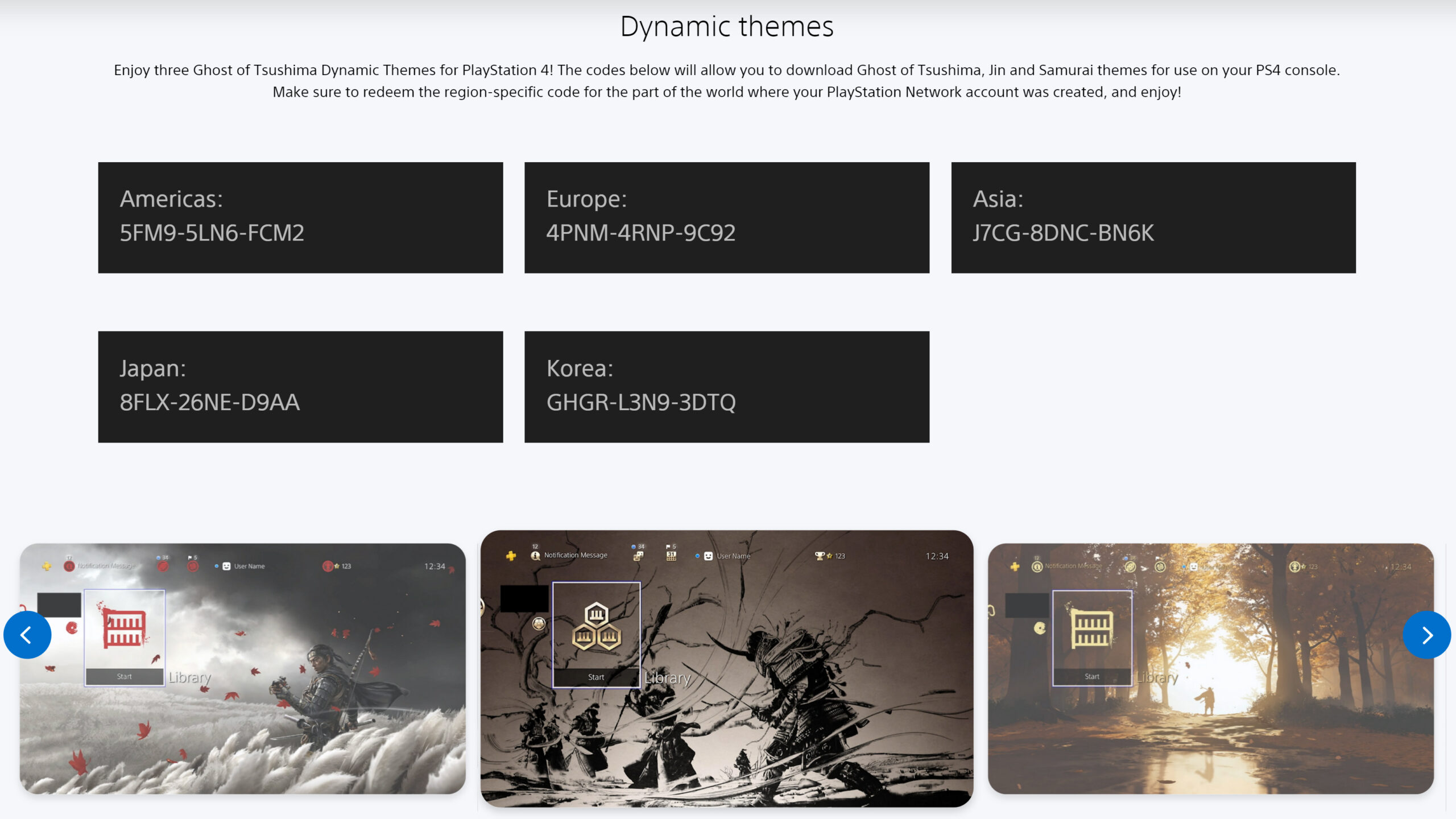 Uma captura de tela de ghostoftsushima.com mostrando capturas de tela de três temas dinâmicos, com códigos de resgate para várias regiões acima